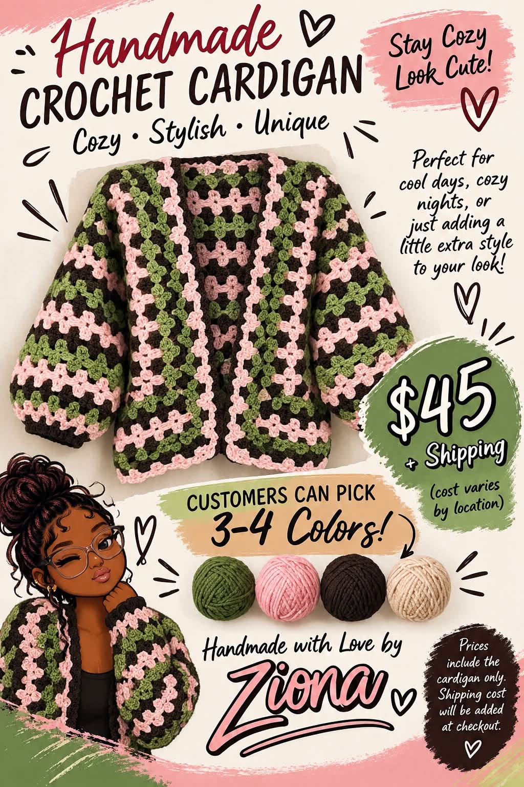 Flyer for the handmade crochet cardigan