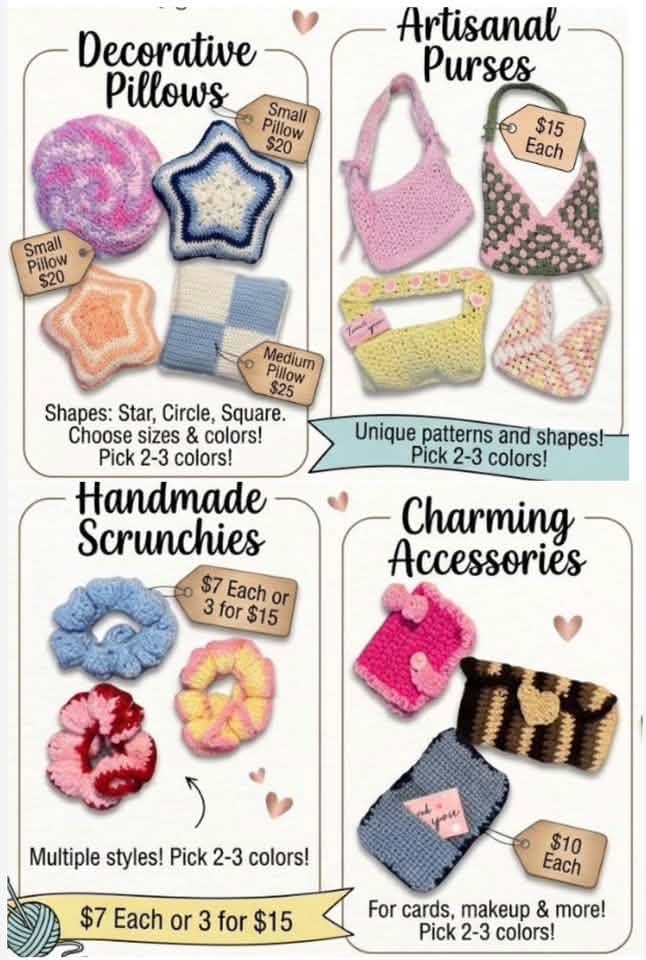 Flyer showing pillows, purses and scrunchies